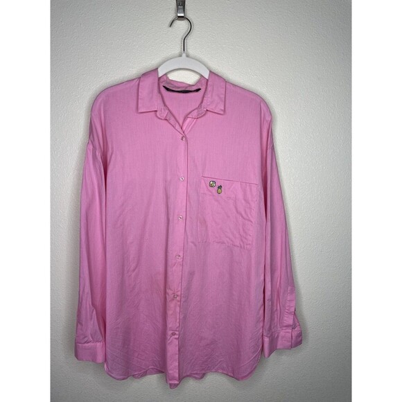Zara Trafaluc Collection Button Up Top Size M Pink Cotton Charm Pins Long Sleeve - Picture 2 of 8